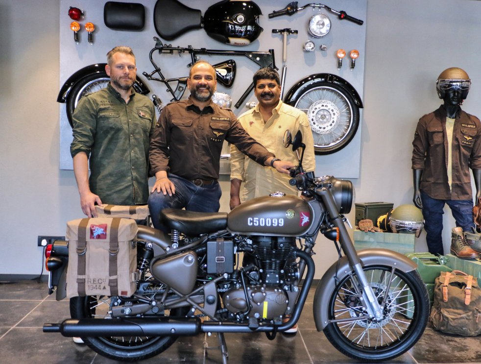 (L-R) Mark Wells, Head-Global Product Strategy &amp; Industrial Design_ Rudratej (Rudy) Singh-President_ Shaji Koshy-Head India Business+, Royal Enfield @ India launch of Classic 500 Pegasus