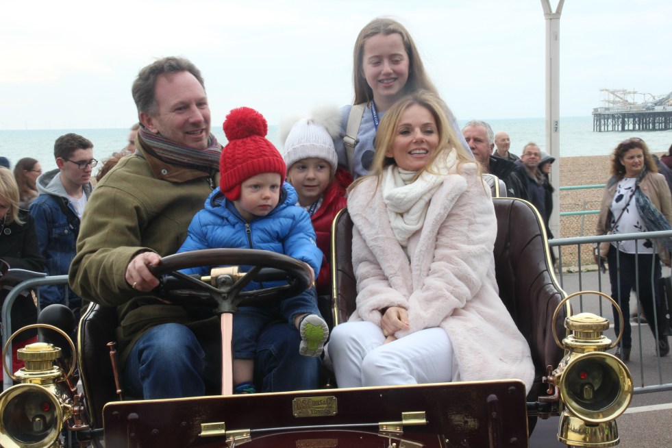 Christian Horner and family at the finish of the 2018 Bonhams London to Brighton Veteran Car Run