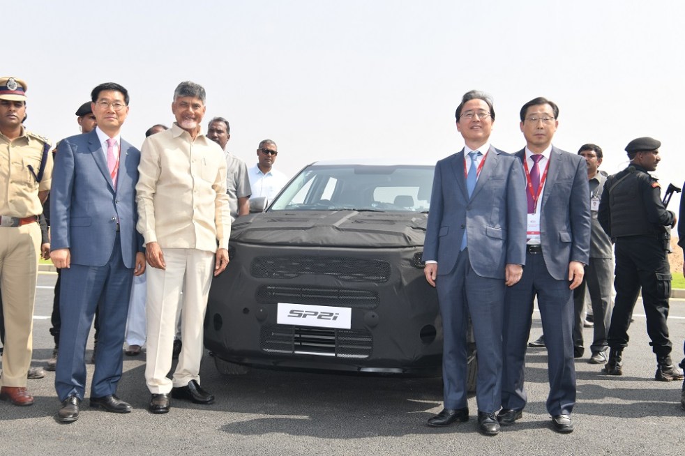 shri n chandrababu naidu and mr. bonkil and mr. han woo park test drive the sp2i prototype