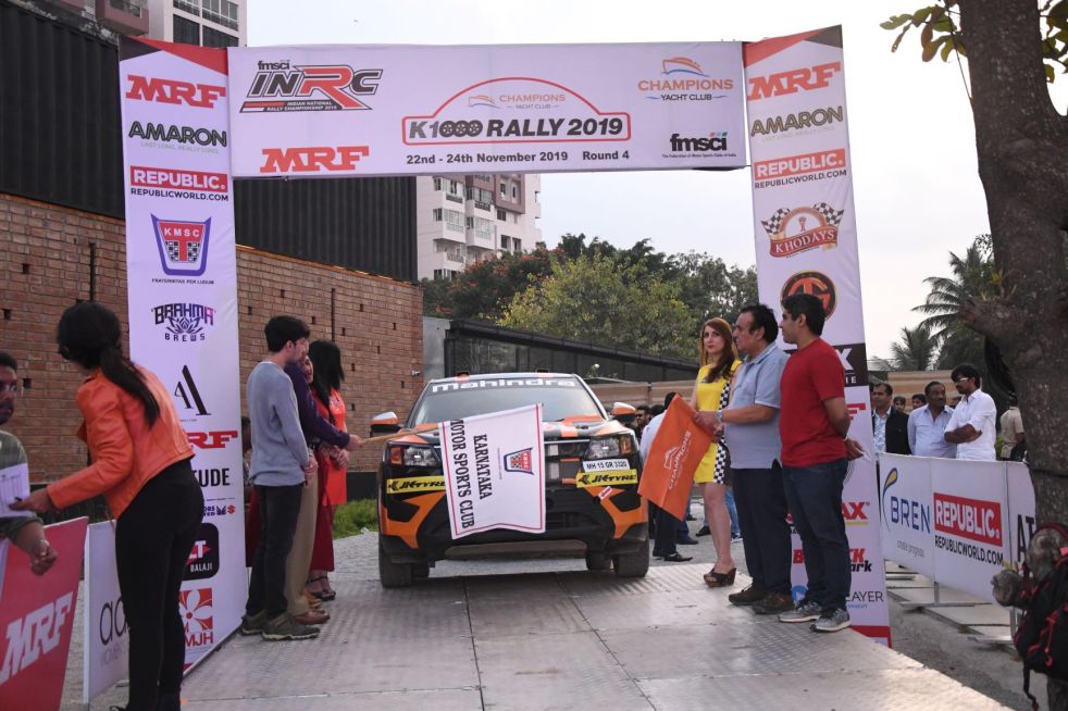 Gaurav being flagged off at the ceremonial start of K-1000, Round 4 of the Indian National Rally Championship, here on Friday